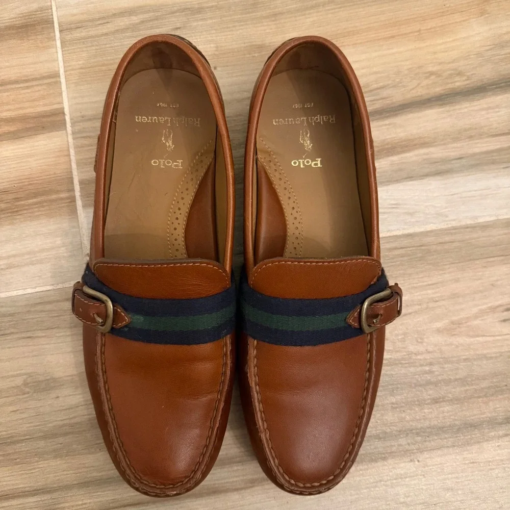 Polo Ralph Lauren Riali Mens Leather Driver Loafers Tan Brown Striped Buckle 9D